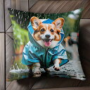 雨 コーギー レインコート クッションカバー 45×45cm アニマル柄 おしゃれ 可愛い クッション本体付き 正方形 犬ファン