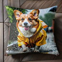 雨 コーギー レインコート 散歩 水たまり クッションカバー 45×45cm アニマル柄 おしゃれ 可愛い クッション本体付き 正方形 犬ファン