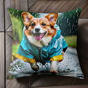 雨 コーギー レインコート 水たまり クッションカバー 45×45cm アニマル柄 おしゃれ 可愛い クッション本体付き 正方形 犬ファン