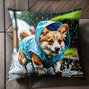 雨 コーギー レインコート 水たまり クッションカバー 45×45cm アニマル柄 おしゃれ 可愛い クッション本体付き 正方形 犬ファン