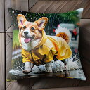 雨 コーギー レインコート 水たまり クッションカバー 45×45cm アニマル柄 おしゃれ 可愛い クッション本体付き 正方形 犬ファン