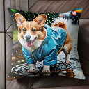 雨 コーギー 水たまり レインコート クッションカバー 45×45cm アニマル柄 おしゃれ 可愛い クッション本体付き 正方形 犬ファン