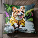 雨 コーギー レインコート 水たまり しぶき クッションカバー 45×45cm アニマル柄 おしゃれ 可愛い クッション本体付き 正方形 犬ファン
