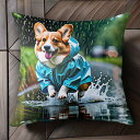 雨 コーギー レインコート 水たまり 水しぶき クッションカバー 45×45cm アニマル柄 おしゃれ 可愛い クッション本体付き 正方形 犬ファン
