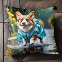 雨 コーギー レインコート 水たまり 花 クッションカバー 45×45cm アニマル柄 おしゃれ 可愛い クッション本体付き 正方形 犬ファン