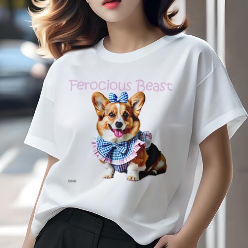 コーギー Tシャツ レディース 犬ファン 半袖 春夏 犬柄 プリント カジュアル かわいい 人間用 個性派 ここだけのデザイン 面白 リボン コーギー ギンガムチェック フリル