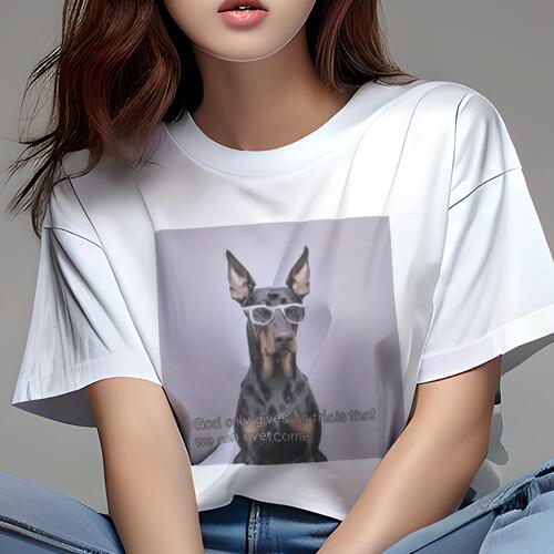 ドーベルマン Tシャツ レディース 犬ファン 半袖 春夏 犬柄 プリント カジュアル かわいい 人間用 個性派 ここだけのデザイン 面白 メガネ ドーベルマン