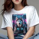 シベリアンハスキー Tシャツ レディース 犬ファン 半袖 春夏 犬柄 プリント カジュアル かわいい 人間用 個性派 ここだけのデザイン 面白 DJ シベリアンハスキー ヘッドホン ミキサー ネオンライト