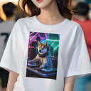 柴犬 Tシャツ レディース 犬ファン 半袖 春夏 犬柄 プリント カジュアル かわいい 人間用 個性派 ここだけのデザイン 面白 DJ 柴犬 ターンテーブル ヘッドホン ネオン