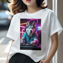 シベリアンハスキー Tシャツ レディース 犬ファン 半袖 春夏 犬柄 プリント カジュアル かわいい 人間用 個性派 ここだけのデザイン 面白 DJ シベリアンハスキー ヘッドホン ネオン