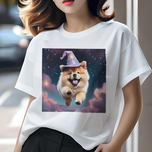 チャウチャウ Tシャツ レディース 犬ファン 半袖 春夏 犬柄 プリント カジュアル かわいい 人間用 個性派 ここだけのデザイン 面白 魔法使いの帽子 チャウチャウ 星空 雲