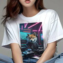 柴犬 Tシャツ レディース 犬ファン 半袖 春夏 犬柄 プリント カジュアル かわいい 人間用 個性派 ここだけのデザイン 面白 DJ 柴犬 ターンテーブル ヘッドホン ネオンライト