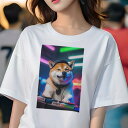柴犬 Tシャツ レディース 犬ファン 半袖 春夏 犬柄 プリント カジュアル かわいい 人間用 個性派 ここだけのデザイン 面白 DJ 柴犬 ヘッドホン ターンテーブル ネオン