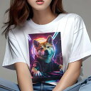 柴犬 Tシャツ レディース 犬ファン 半袖 春夏 犬柄 プリント カジュアル かわいい 人間用 個性派 ここだけのデザイン 面白 DJ 柴犬 ターンテーブル ヘッドホン ネオンライト