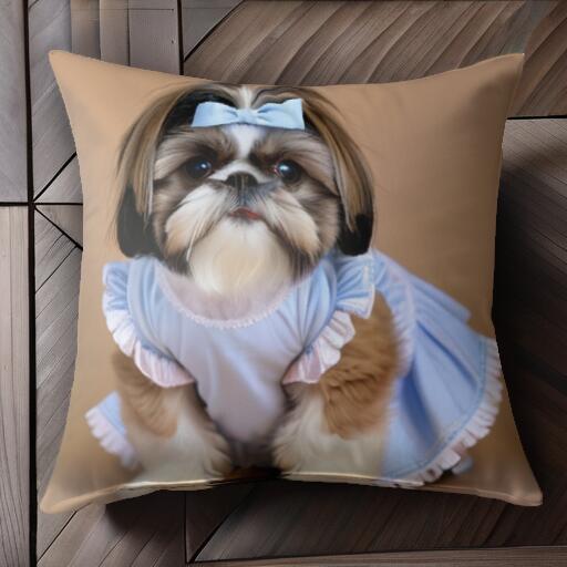 リボン シーズー ワンピース クッションカバー 45×45cm アニマル柄 おしゃれ 可愛い クッション本体付き 正方形 犬ファン