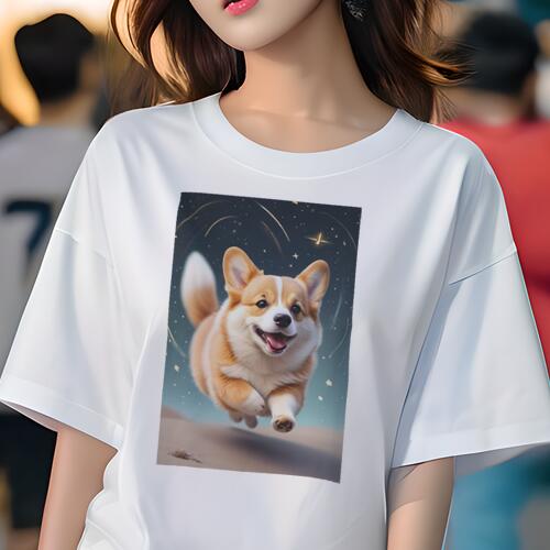 楽天フロントップ楽天市場店コーギー Tシャツ レディース 犬ファン 半袖 春夏 犬柄 プリント カジュアル かわいい 人間用 個性派 ここだけのデザイン 面白 星 コーギー 夜空 キラキラ