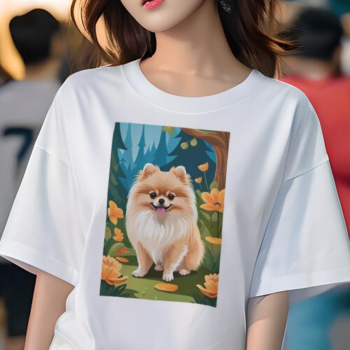 ポメラニアン Tシャツ レディース 犬ファン 半袖 春夏 犬柄 プリント カジュアル かわいい 人間用 個性派 ここだけのデザイン 面白 花 ポメラニアン 森 木
