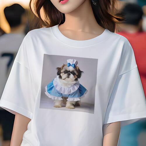 シーズー Tシャツ レディース 犬ファン 半袖 春夏 犬柄 プリント カジュアル かわいい 人間用 個性派 ここだけのデザイン 面白 メイド服 シーズー 帽子 リボン(4)