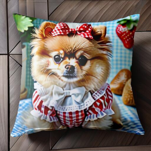 イチゴ ポメラニアン チェック柄 リボン 鉢植え クッションカバー 45×45cm アニマル柄 おしゃれ 可愛い..