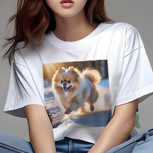 ポメラニアン Tシャツ レディース 犬ファン 半袖 春夏 犬柄 プリント カジュアル かわいい 人間用 個性派 ここだけのデザイン 面白 雪 ポメラニアン 冬 太陽