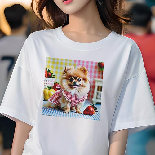ポメラニアン Tシャツ レディース 犬ファン 半袖 春夏 犬柄 プリント カジュアル かわいい 人間用 個性派 ここだけのデザイン 面白 イチゴ ポメラニアン チェック柄 バスケット