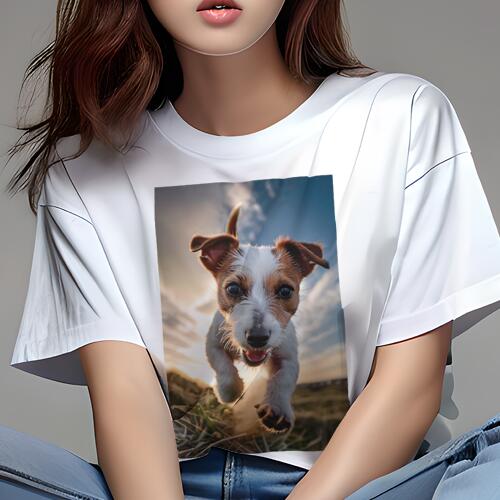ジャックラッセルテリア Tシャツ レディース 犬ファン 半袖 春夏 犬柄 プリント カジュアル かわいい 人間用 個性派 ここだけのデザイン 面白 空 ジャックラッセルテリア 太陽 草