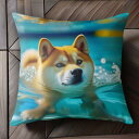 水 柴犬 水泳 プール クッションカバー 45×45cm アニマル柄 おしゃれ 可愛い クッション本体付き 正方形 犬ファン