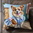 ワンピース コーギー リボン チェック柄 木製家具 クッションカバー 45×45cm アニマル柄 おしゃれ 可愛い クッション本体付き 正方形 犬ファン