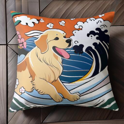 波 ゴールデンレトリバー 花 雲 日本画 クッションカバー 45×45cm アニマル柄 おしゃれ 可愛い クッシ..