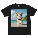 コーギー Tシャツ メンズ キッズ 犬ファン 半袖 春夏 犬柄 プリント カジュアル かわいい 人間用 個性派 ここだけのデザイン 面白 ビーチ コーギー 海 砂浜 夏
