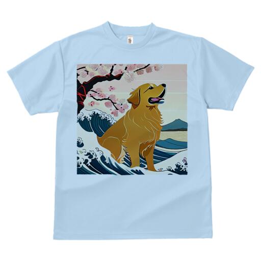 ゴールデンレトリバー Tシャツ メンズ キッズ 犬ファン 半袖 春夏 犬柄 プリント カジュアル かわいい 人間用 個性派 ここだけのデザイン 面白 波 ゴールデンレトリバー 桜 日本画 風景