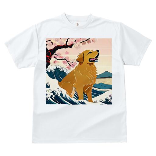 ゴールデンレトリバー Tシャツ メンズ キッズ 犬ファン 半袖 春夏 犬柄 プリント カジュアル かわいい 人間用 個性派 ここだけのデザイン 面白 波 ゴールデンレトリバー 桜 日本画 風景