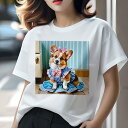 コーギー Tシャツ レディース 犬ファン 半袖 春夏 犬柄 プリント カジュアル かわいい 人間用 個性派 ここだけのデザイン 面白 リボン コーギー ワンピース チェック柄 水色