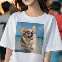 コーギー Tシャツ レディース 犬ファン 半袖 春夏 犬柄 プリント カジュアル かわいい 人間用 個性派 ここだけのデザイン 面白 ビーチ コーギー 海 夏 休暇