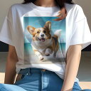 コーギー Tシャツ レディース 犬ファン 半袖 春夏 犬柄 プリント カジュアル かわいい 人間用 個性派 ここだけのデザイン 面白 海 コーギー ビーチ 夏 休暇