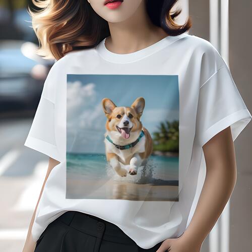 コーギー Tシャツ レディース 犬ファン 半袖 春夏 犬柄 プリント カジュアル かわいい 人間用 個性派 ここだけのデザイン 面白 ビーチ コーギー 海 砂浜 夏