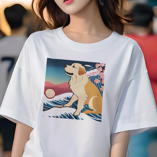 ゴールデンレトリバー Tシャツ レディース 犬ファン 半袖 春夏 犬柄 プリント カジュアル かわいい 人間用 個性派 ここだけのデザイン 面白 波 ゴールデンレトリバー 海 和風 桜