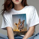 コーギー Tシャツ レディース 犬ファン 半袖 春夏 犬柄 プリント カジュアル かわいい 人間用 個性派 ここだけのデザイン 面白 夕焼け コーギー 砂浜(4)