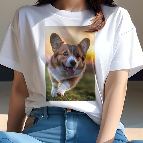 コーギー Tシャツ レディース 犬ファン 半袖 春夏 犬柄 プリント カジュアル かわいい 人間用 個性派 ここだけのデザイン 面白 夕焼け コーギー 笑顔 舌