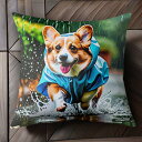 雨 コーギー レインコート 水たまり スプラッシュ クッションカバー 45×45cm アニマル柄 おしゃれ 可愛い クッション本体付き 正方形 犬ファン