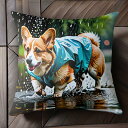 雨 コーギー レインコート 水たまり クッションカバー 45×45cm アニマル柄 おしゃれ 可愛い クッション本体付き 正方形 犬ファン