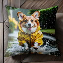 雨 コーギー レインコート 水たまり しぶき クッションカバー 45×45cm アニマル柄 おしゃれ 可愛い クッション本体付き 正方形 犬ファン