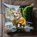 雨 コーギー レインコート 水たまり 散歩 クッションカバー 45×45cm アニマル柄 おしゃれ 可愛い クッション本体付き 正方形 犬ファン