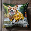 雨 コーギー レインコート 水たまり クッションカバー 45×45cm アニマル柄 おしゃれ 可愛い クッション本体付き 正方形 犬ファン