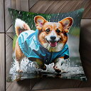 雨 コーギー レインコート 水たまり クッションカバー 45×45cm アニマル柄 おしゃれ 可愛い クッション本体付き 正方形 犬ファン
