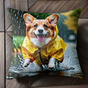 雨 コーギー レインコート 水たまり クッションカバー 45×45cm アニマル柄 おしゃれ 可愛い クッション本体付き 正方形 犬ファン