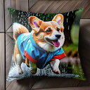 雨 コーギー レインコート 水たまり クッションカバー 45×45cm アニマル柄 おしゃれ 可愛い クッション本体付き 正方形 犬ファン