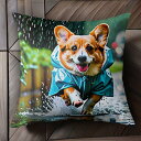 雨 コーギー 水たまり レインコート クッションカバー 45×45cm アニマル柄 おしゃれ 可愛い クッション本体付き 正方形 犬ファン