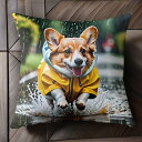 雨 コーギー レインコート 水たまり クッションカバー 45×45cm アニマル柄 おしゃれ 可愛い クッション本体付き 正方形 犬ファン