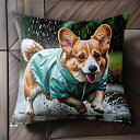 雨 コーギー レインコート 水たまり クッションカバー 45×45cm アニマル柄 おしゃれ 可愛い クッション本体付き 正方形 犬ファン